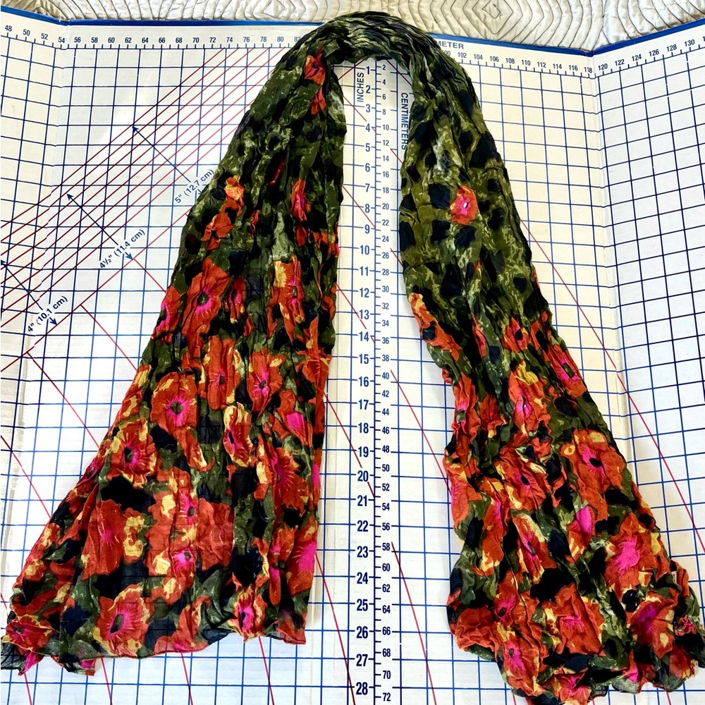 Bohemian Artsy Festival Floral Pink Green Red Orange Poppies Rayon Scarf 36x62